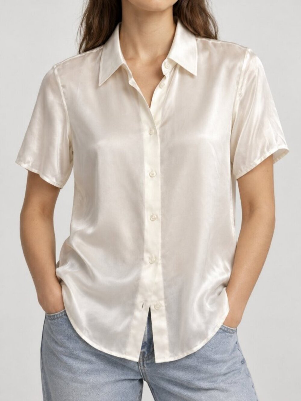 The Row Ivory 100% Cupro Short Sleeve Button Front Shirt Size 0